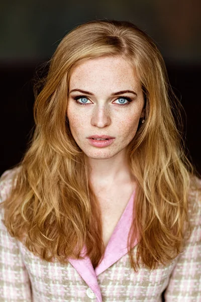 Portrait of sensual very beautiful redheaded girl with freckles — Stock Photo, Image