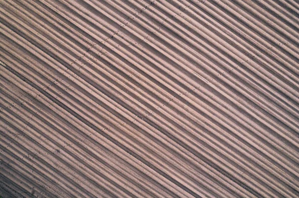 Luftaufnahme Von Furchen Auf Braunem Roh Gepflügtem Feld — Stockfoto