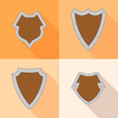 Metalik kenarları ve gölgeleri olan vektör karikatür kalkanları