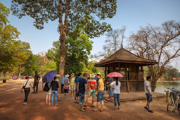 Tourists arriving in Angkor Wat temple