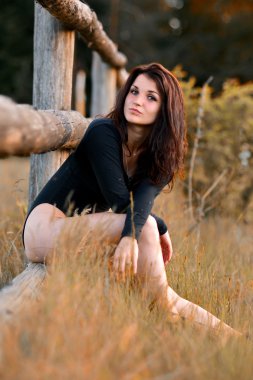 Sonbahar parkında çürüyen bir görünüme sahip çekici, baştan çıkarıcı, esmer kız. Ahşap çitte rahatlayın. Cinsel, çekici, hoş bir kız yazın dışarıda dinlenir. Yazın açık havada iyi vakit ler.