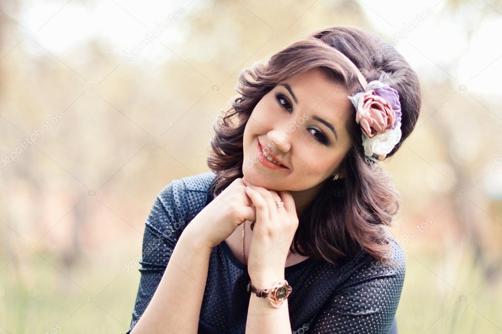 Close Up Portrait Of Beautiful Cute Girl With Wreath Of Rose Stunning