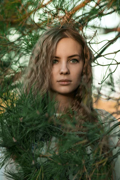 Impresionante, hermosa, llamativa, hermosa, deslumbrante, asombrosa, bonita, buena chica con gran verde. Muchacha muy hermosa con ojos verdes de pie en abeto verde. Retrato de una chica muy hermosa en abetos verdes, abeto, árboles con pelo rizado, largo y saludable . — Foto de Stock