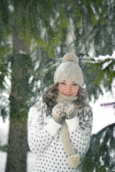 Feliz, asombrada, asustada, afortunada, adorable chica en el bosque de invierno toma su mano con manoplas calientes, juega con la nieve.Sonríe, chica agita la nieve blanca, fría de las ramas verdes del abeto, ríe. —  Fotos de Stock