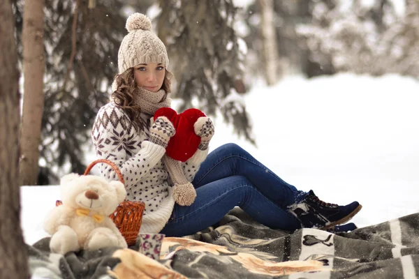 Attractive, beautiful, cute, pretty girl hold toy, girl with big, red heart in her hands, sit in warm plaid, has picnic in winter forest.Interesting, delightful, nice, attractive girl with big, read heart, toy in her hands in winter, snow, cold forest . — стоковое фото