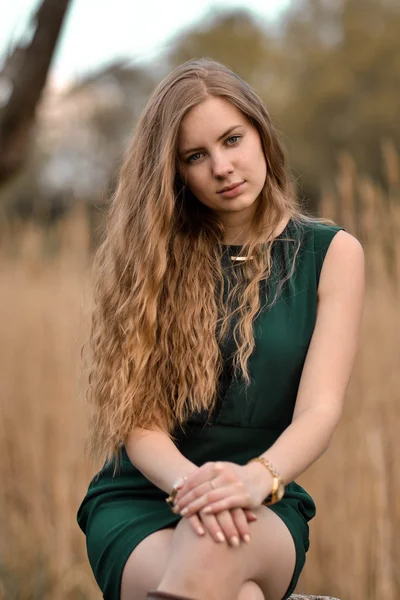 Brillante, rizado, ondulado, pelo liso. Impresionante chica rubia, rubia con pelo largo claro en vestido verde sentarse al aire libre en el parque de verano. Hermosa, hermosa, atractiva, agradable, bonita, encantadora, linda, chica seria, mujer con pelo largo rizado, vestido verde sentado al aire libre . —  Fotos de Stock