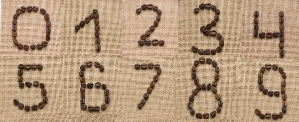 Kahve çekirdekleri çuval bezi arka plan üzerinde numaraları kolaj