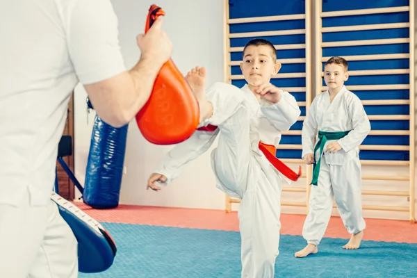 Instructeur de taekwondo travaillant avec un garçon — Photo