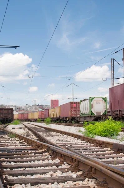 Eisenbahngleise mit Güterzügen — Stockfoto