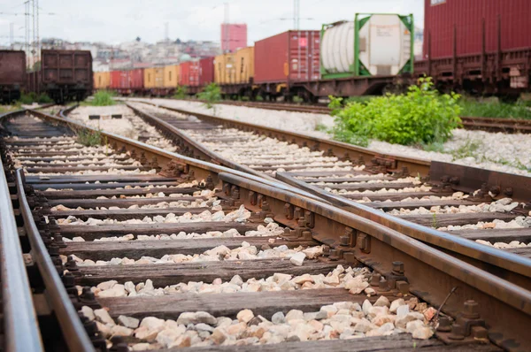 Railoroad κομμάτια με φορτηγά τρένα — Φωτογραφία Αρχείου