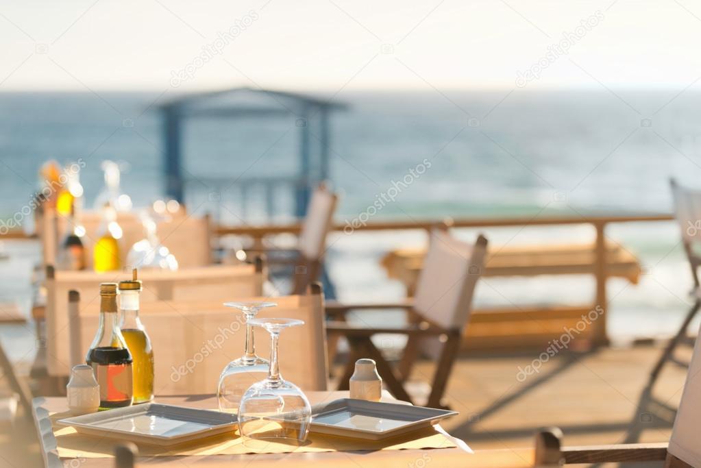 Table setting in seaside restaurant