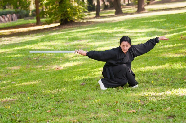 Vrouwelijke Kung Fu zwaard beoefenaar — Stockfoto