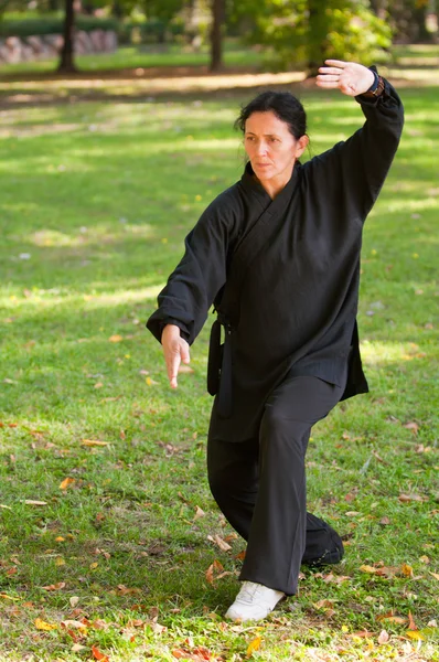 Frau im schwarzen Kimono praktiziert Tai Chi — Stockfoto