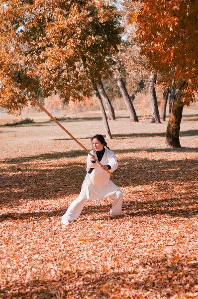 Vrouw in witte kimono beoefenen van Kung Fu — Stockfoto