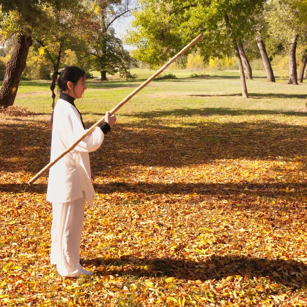 Frau mit Holzstab — Stockfoto