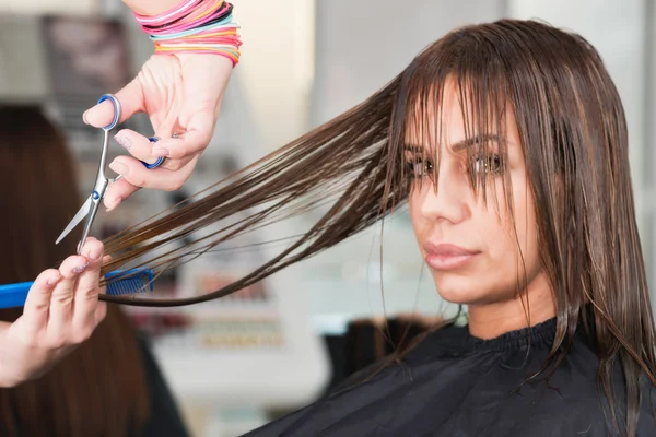 Taglio lunghi capelli castani — Foto Stock