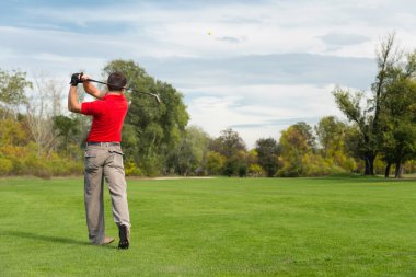 Golfer playing from fairway  clipart
