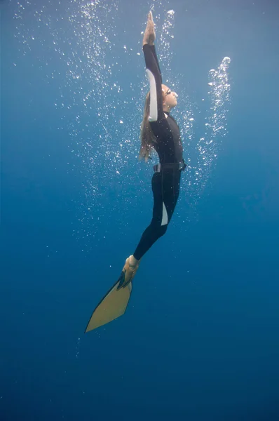 Női diver felszíni felé mozdul — Stock Fotó