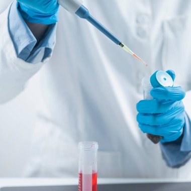 Tarım Ürünlerindeki Böcek İlaçlarının Varlığı Testi. Mikroplu Gıda Kalite Müfettişi, bitki örneğiyle test tüpüne bir Reaktör ekliyor.