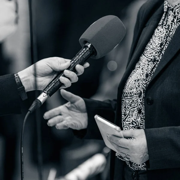 Giornalisti Intervistando Altoparlanti Femminili Con Microfono Mano — Foto Stock