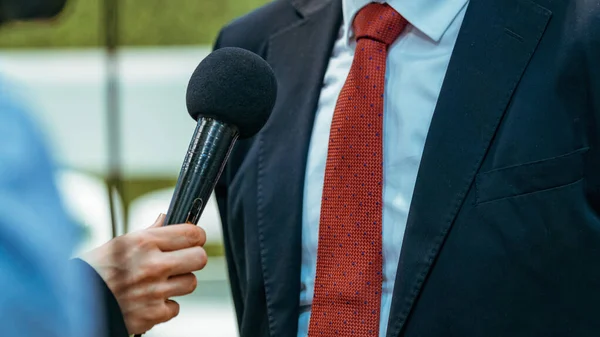 Journalists Holding Microphone Dictaphone Interviewing Businessman Speaker — Stock Photo, Image