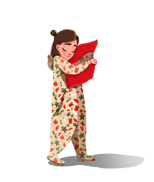 Flicka i jul pyjamas med kudde — Stockfoto