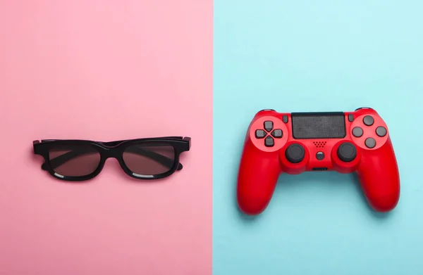 Gamepad Óculos Fundo Pastel Azul Rosa Conceito Jogos Lazer Entretenimento — Fotografia de Stock