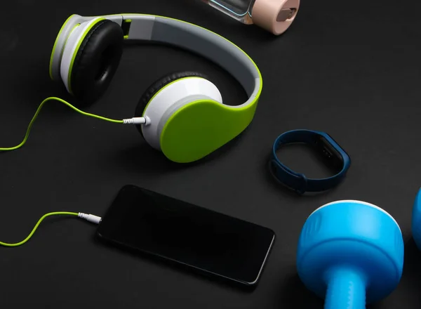 Fitness Composition Modern Gadgets Dumbbells Headphones Smartphone Smart Bracelet Water — Stock Photo, Image