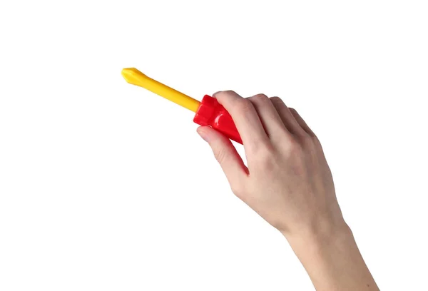 Hands Holding Toy Screwdrive Isolated White Background — Stock Photo, Image