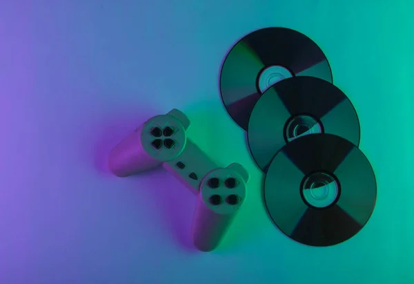 Disques Manette Jeu Lumière Violet Vert Néon Gradient Lumineux Médias — Photo