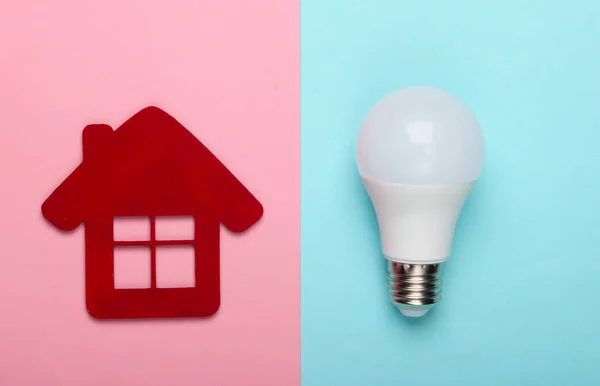 Energy Saving Concept House Figurine Energy Saving Light Bulb Blue — Stock Photo, Image