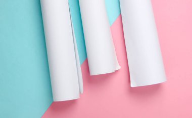 Bina planı, mavi pembe pastel arka plan projesi. Üst Manzara. Düz yatıyordu