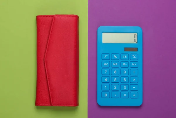 Manage Family Budget Shopping Costs Blue Calculator Red Leather Wallet — Stock Photo, Image