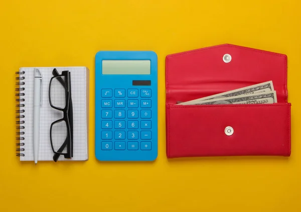 Manage Family Budget Shopping Costs Blue Calculator Red Leather Wallet — Stock Photo, Image