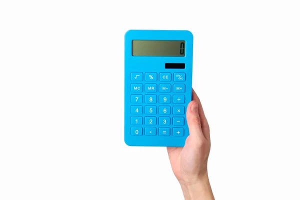 Ruční Drží Modrá Kalkulačka Izolované Bílém Pozadí — Stock fotografie