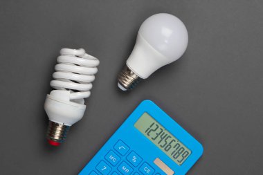 Enerji tasarrufu. Gri arka planda ampulleri olan bir hesap makinesi. Üst görünüm
