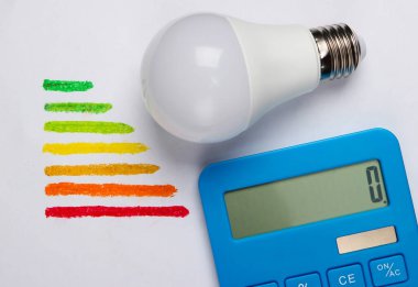 Enerji verimliliği derecesi, beyaz arka planda ampul ve hesap makinesi. Üst Manzara. Eko kavramı