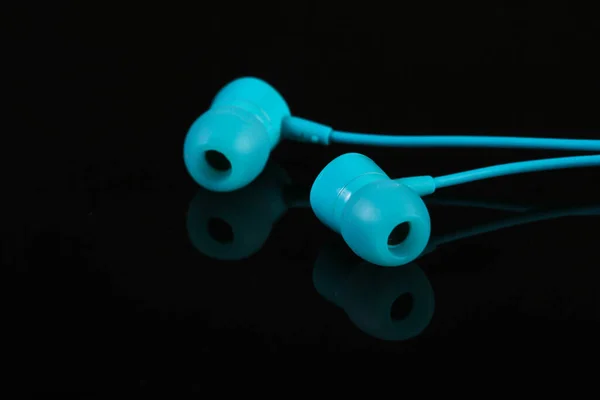 Blue Vacuum Earphones Black Background Close — Stock Photo, Image