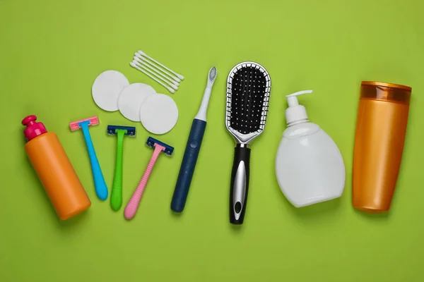 Female Beauty Products Hygiene Accessories Green Background Flat Lay Top — Stock Photo, Image