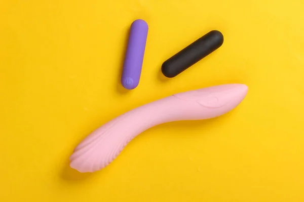 Female Sex Toys Yellow Background Sex Stimulation Top View — Stock Photo, Image