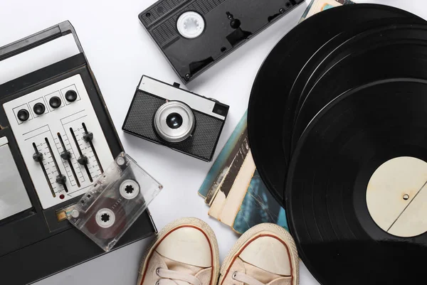 Flat Lay Retro Media Composition Audio Recorder Vinyl Records Old — Stock Photo, Image