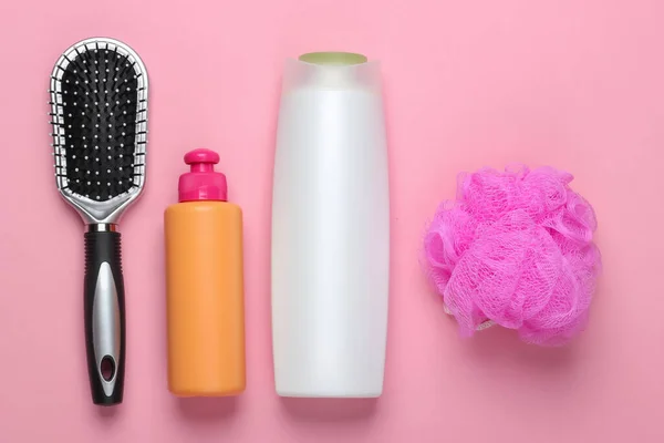 Bath Beauty Products Pink Background Shower Gel Bottle Shampoo Hair — Stock Photo, Image