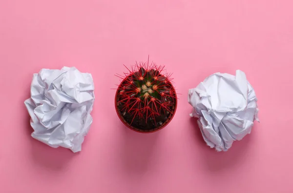 Crumpled paper balls, cactus pot on pink pastel background. Top view. Minimalism