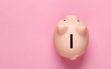 Pembe pastel arka planda bir kumbara. Minimalist üst görüş çekimi. Düz yatıyordu. Boşluğu kopyala