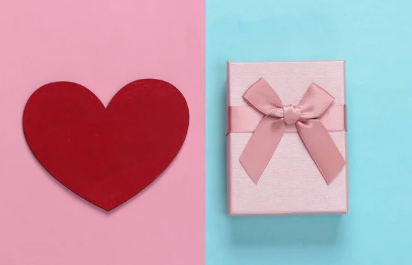 Gift Box Bows Heart Pink Blue Pastel Background Holiday Valentine — Stock Photo, Image