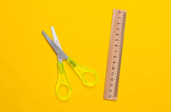 Stationery School Scissors Ruler Yellow Background School Supplies Top View — Stock Photo, Image