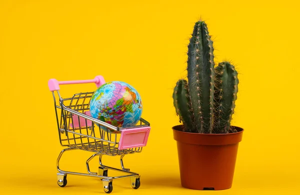 Глобальная Концепция Покупок Кактус Трамвае Супермаркете Глобусом Желтом Фоне Студии — стоковое фото
