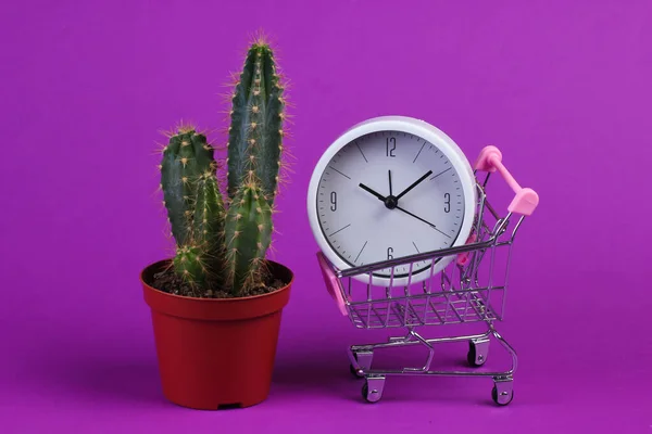 Tempo Shopping Carrello Del Supermercato Con Orologio Cactus Sfondo Viola — Foto Stock