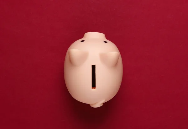 Piggy Bank Röd Bakgrund Minimalistisk Studioshot Ovansidan Platt Äggläggning — Stockfoto