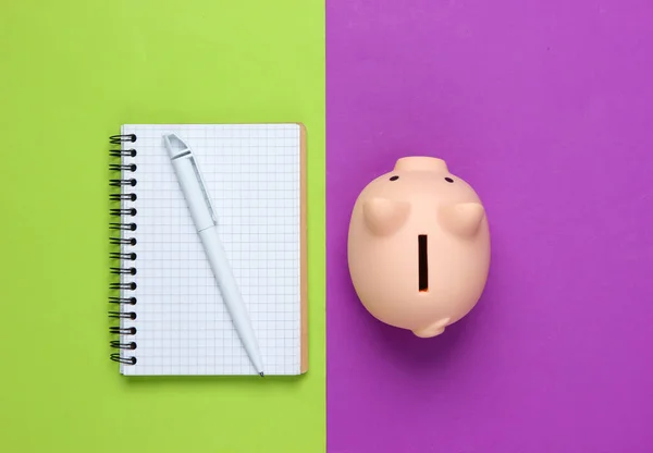 Piggy bank and notebook on green purple background. Minimalistic studio shot. Overhead view. Flat lay.